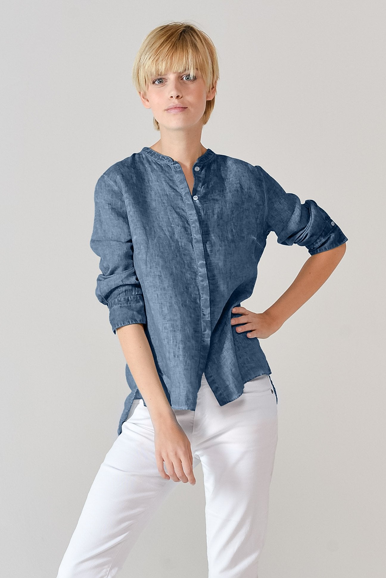 Linen Banded Collar Shirt - Jeans - Shirts