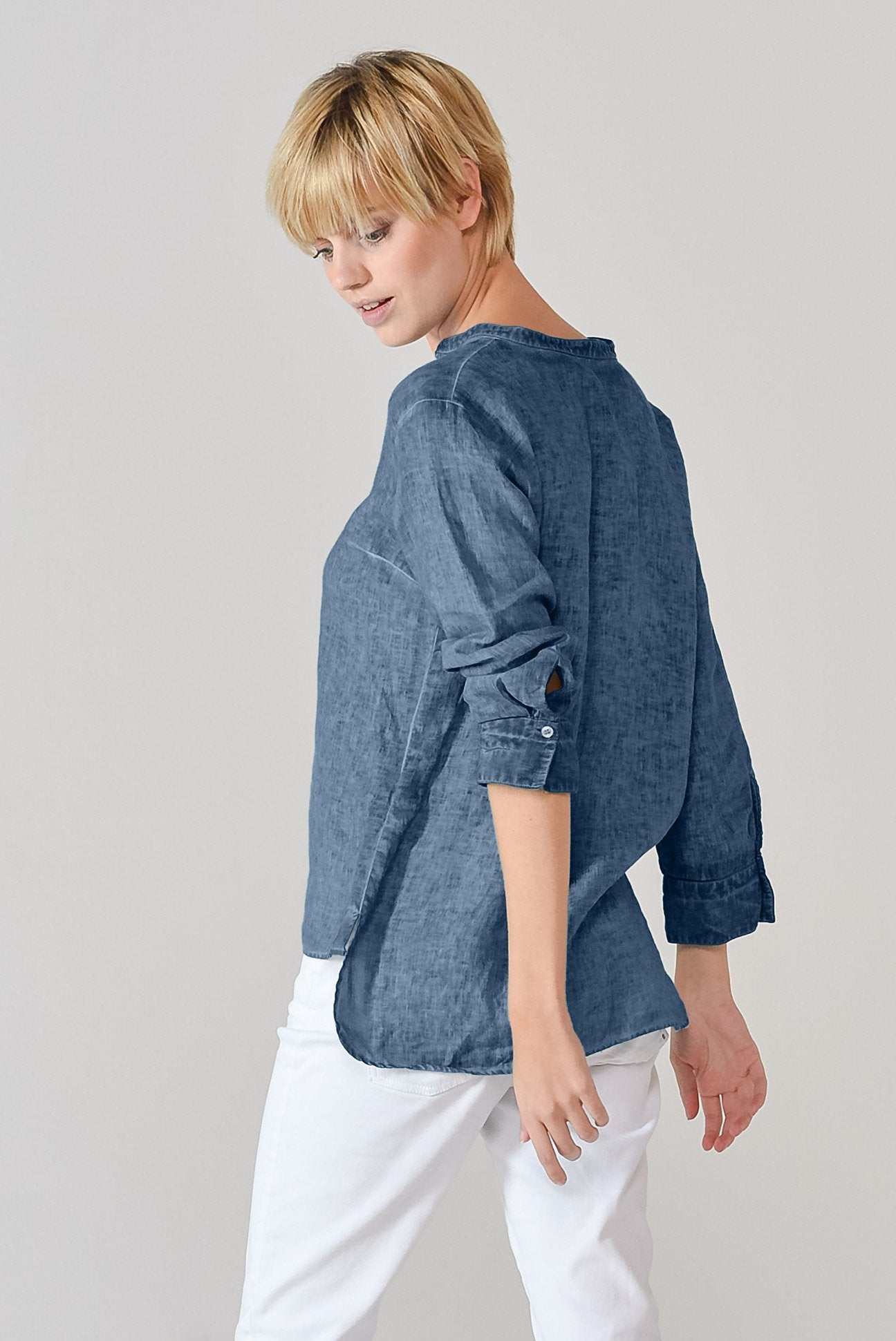 Linen Banded Collar Shirt - Jeans - Shirts