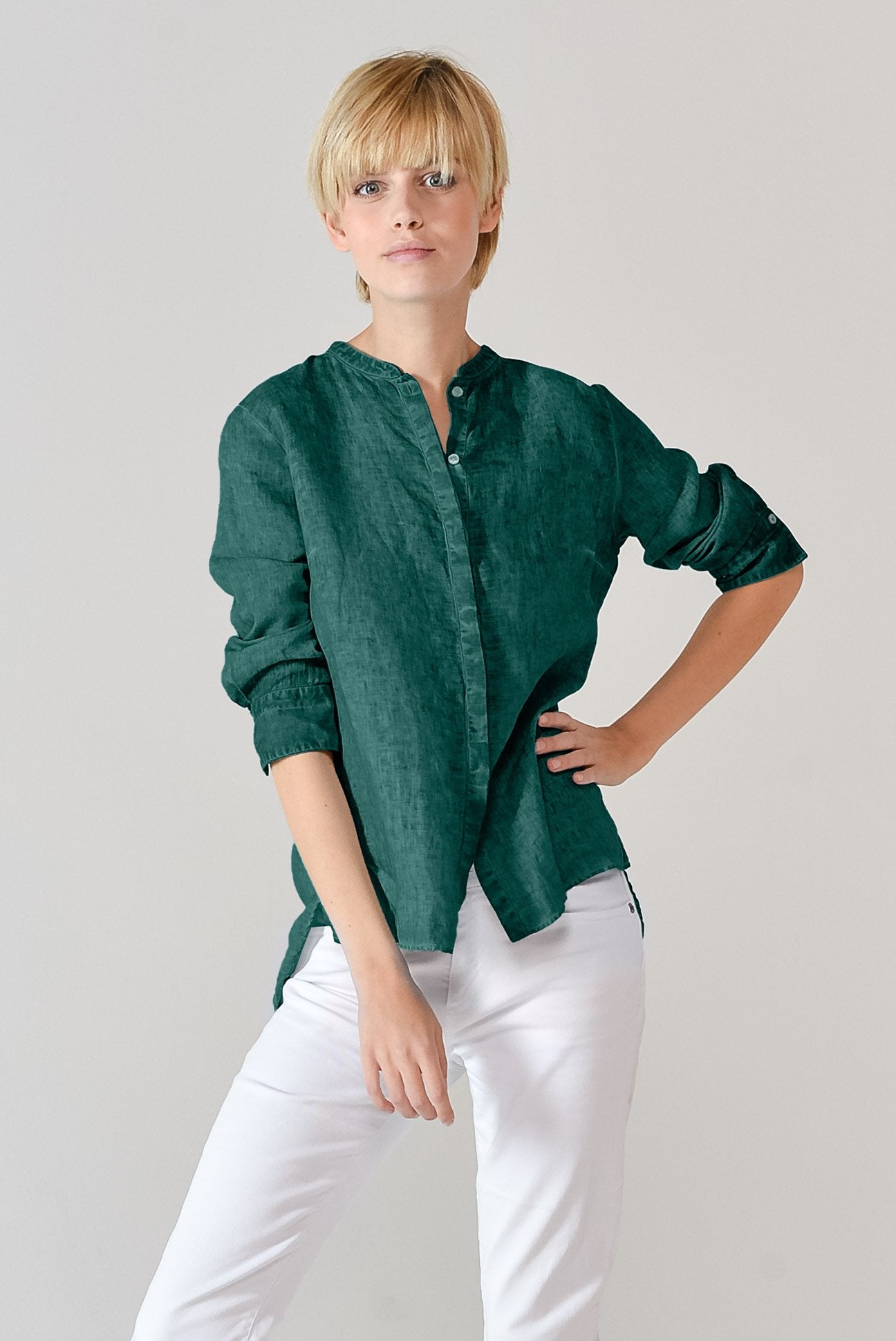 Linen Banded Collar Shirt - Lagoon - Shirts