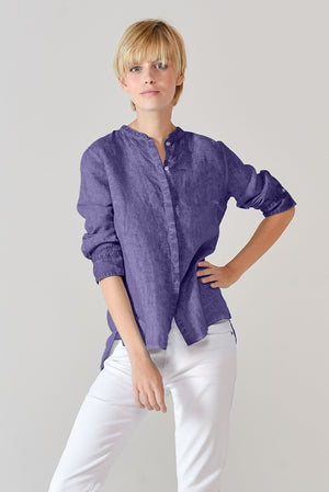 Linen Banded Collar Shirt - Mirtillo - Shirts