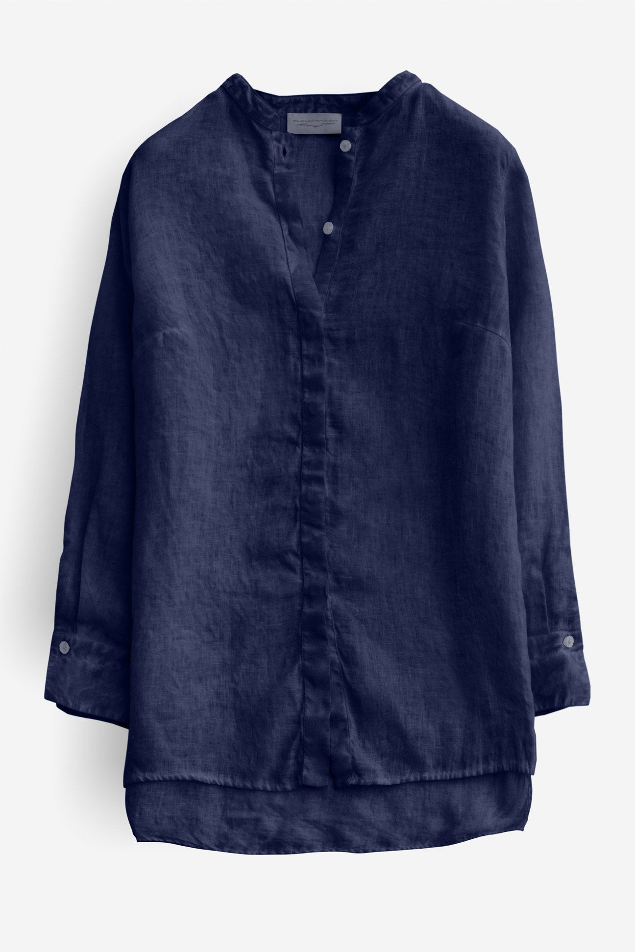 Linen Banded Collar Shirt - Navy - Shirts