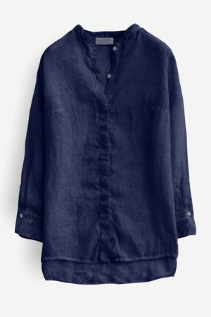 Linen Banded Collar Shirt - Navy - Shirts