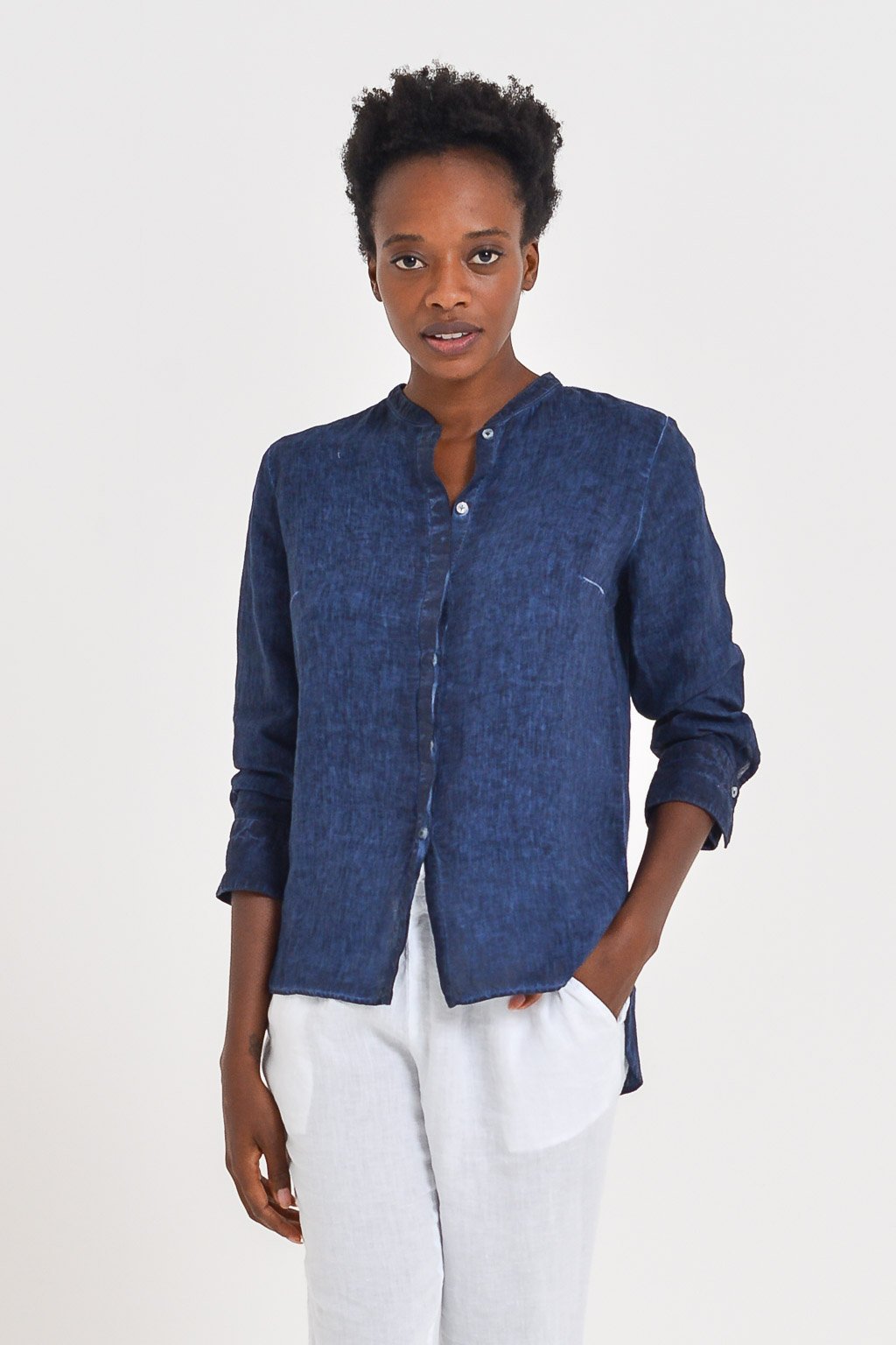 Linen Banded Collar Shirt - Navy - Shirts