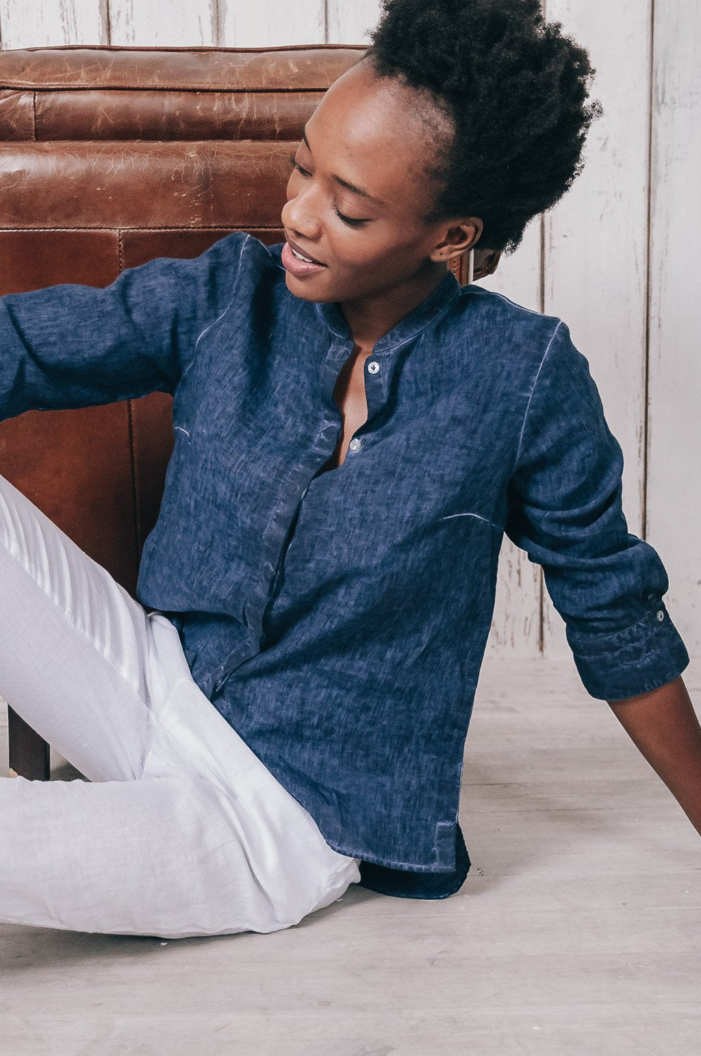 Linen Banded Collar Shirt - Navy - Shirts