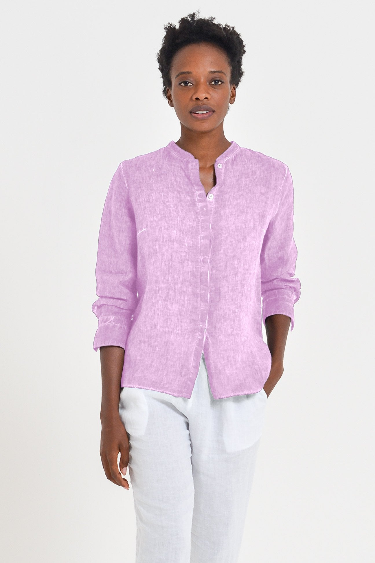 Linen Banded Collar Shirt - Quarzo - Shirts