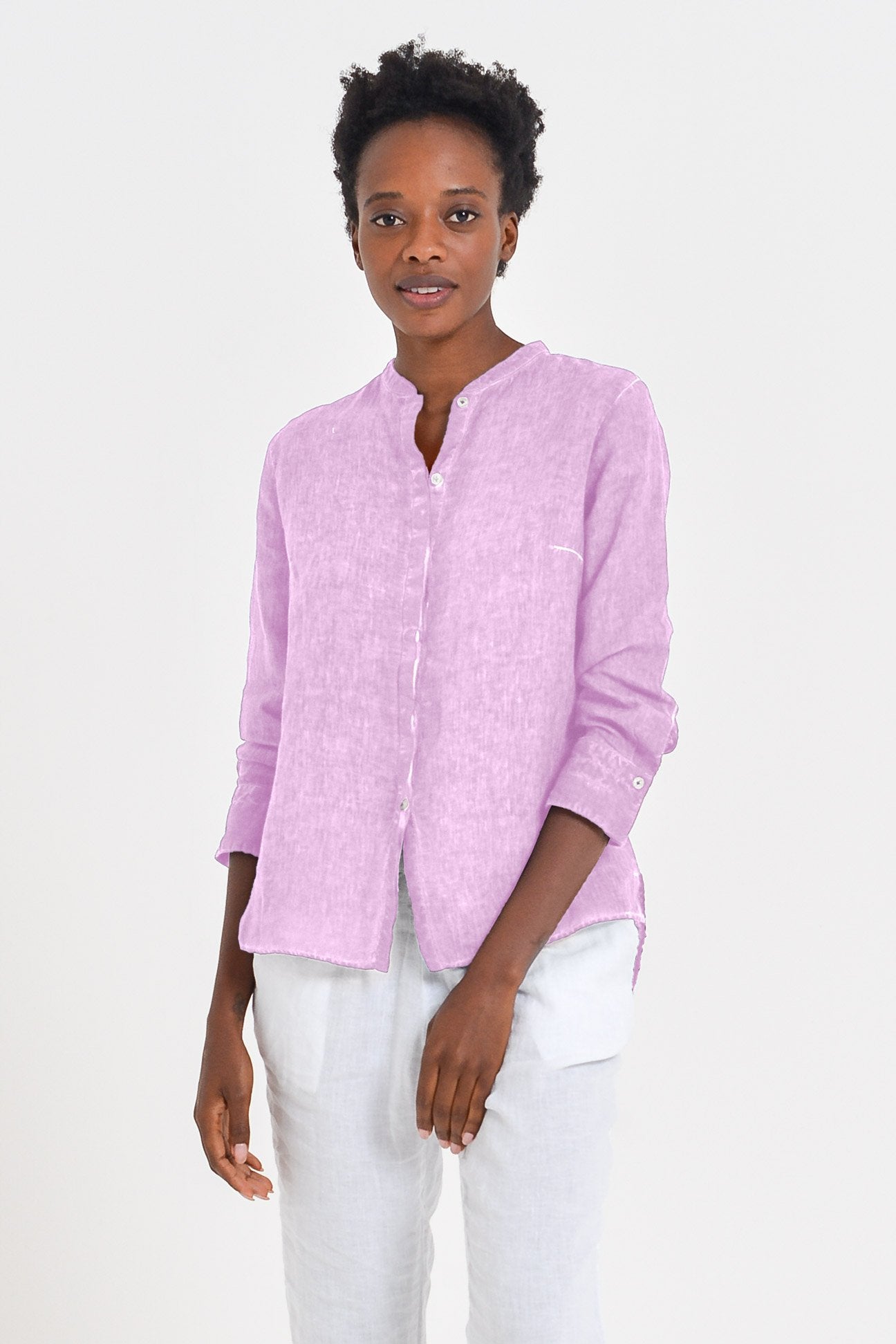 Linen Banded Collar Shirt - Quarzo - Shirts