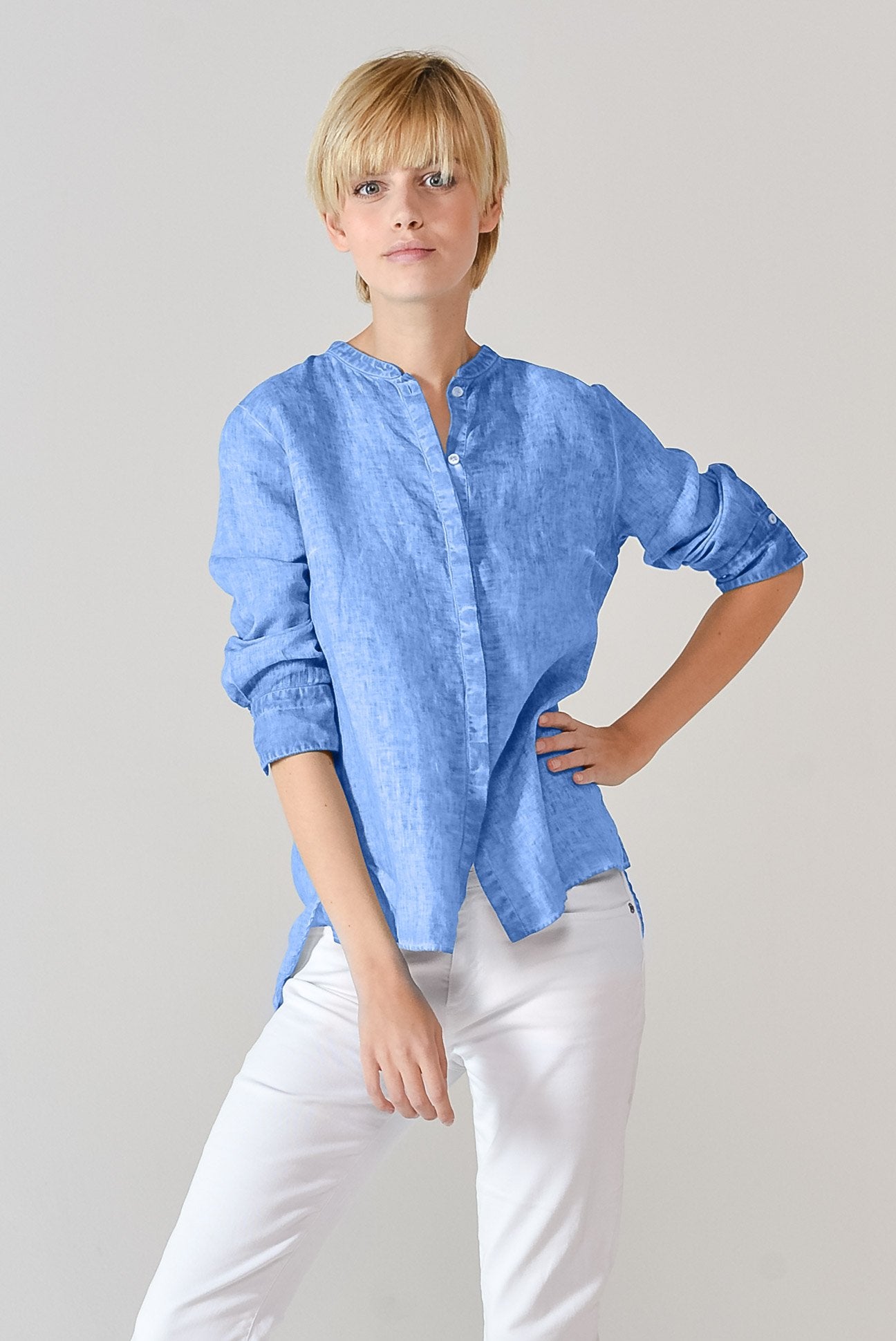 Linen Banded Collar Shirt - Santorini - Shirts