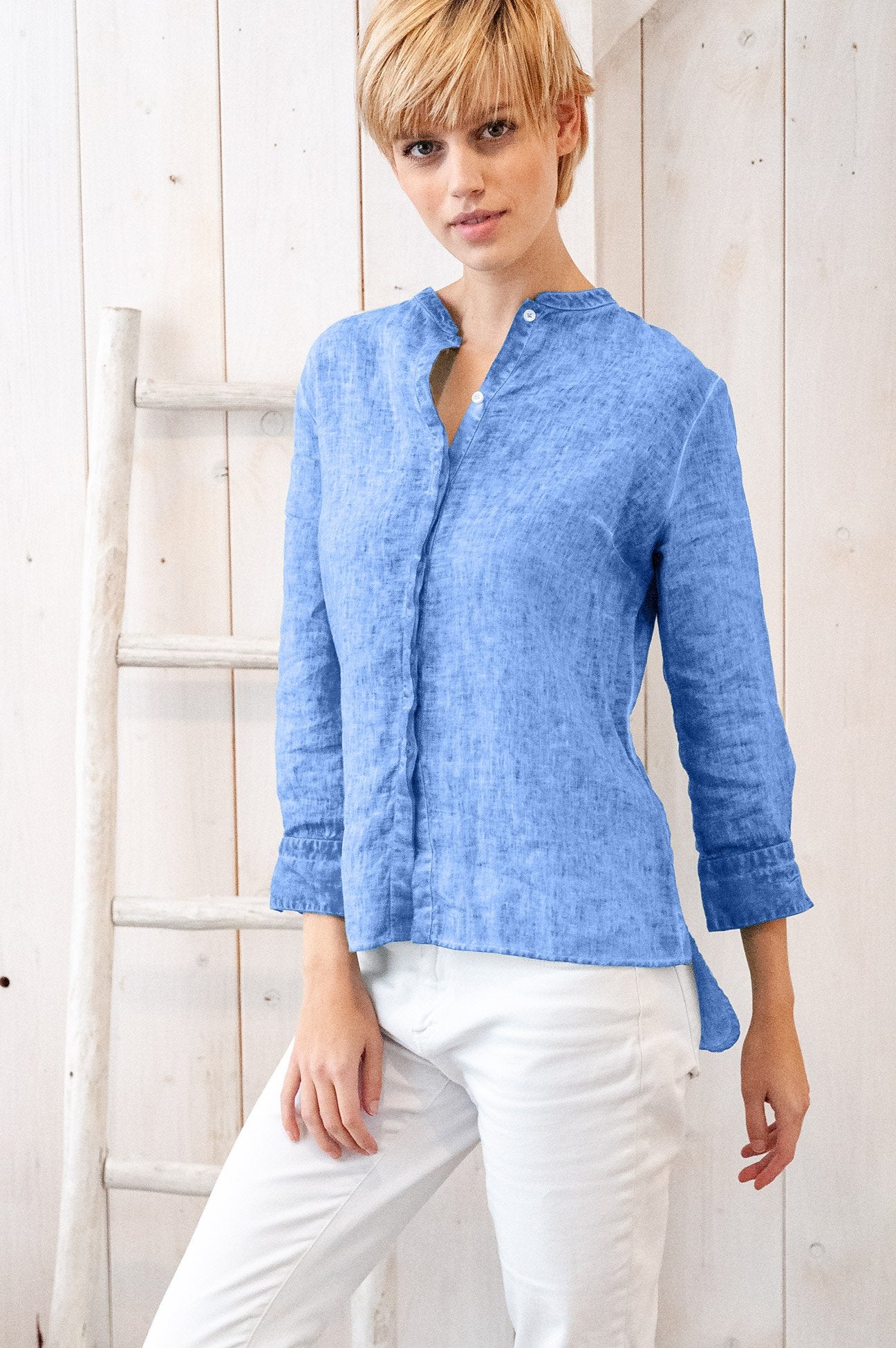 Linen Banded Collar Shirt - Santorini - Shirts