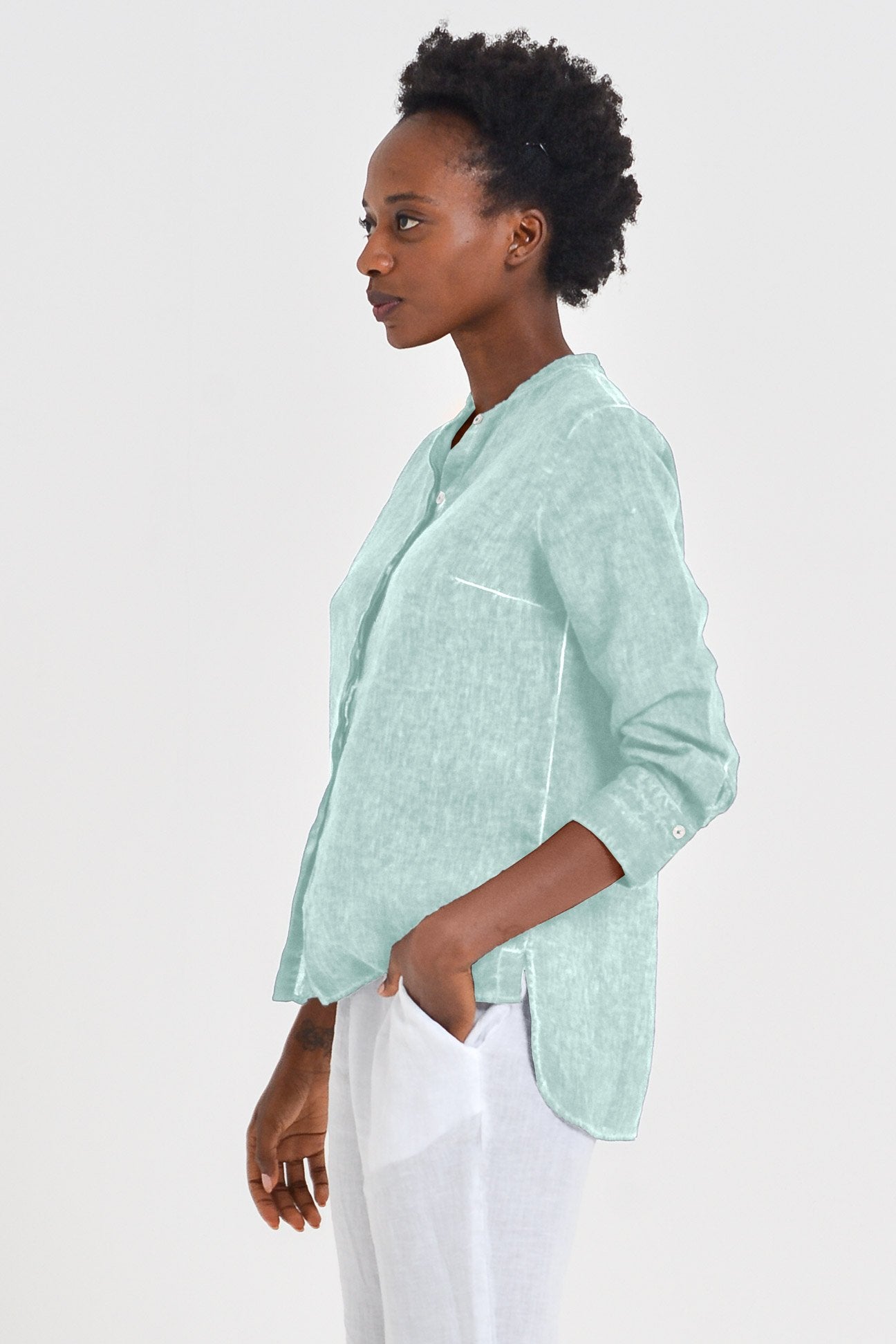 Linen Banded Collar Shirt - Tahiti - Shirts