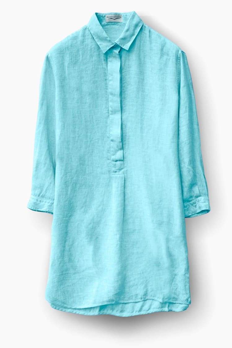 3/4 Sleeve Linen Mini Shirtdress - Acqua - Dresses