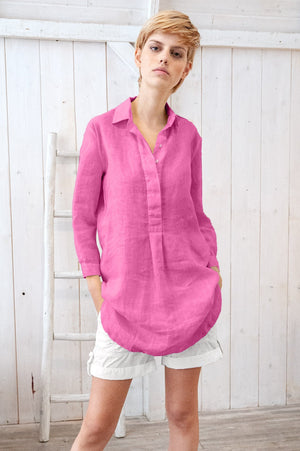 Linen Mini Shirtdress - Azalea - Shirts