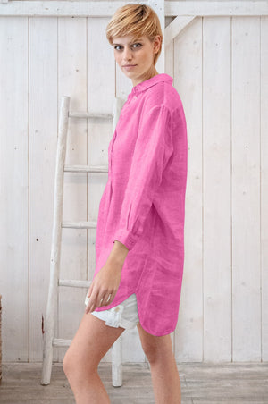 Linen Mini Shirtdress - Azalea - Shirts