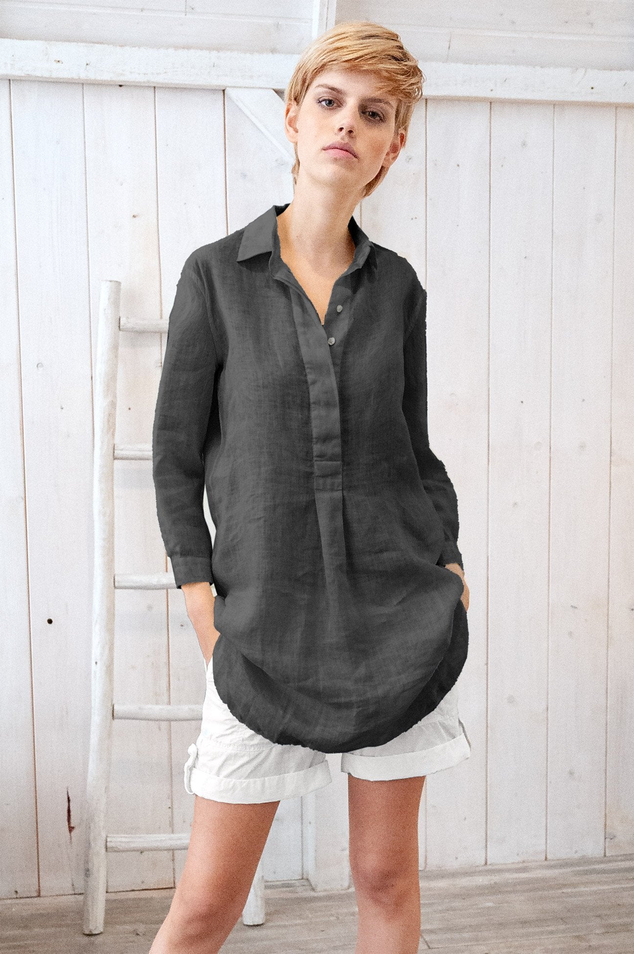 Linen Mini Shirtdress - Pietra - Shirts