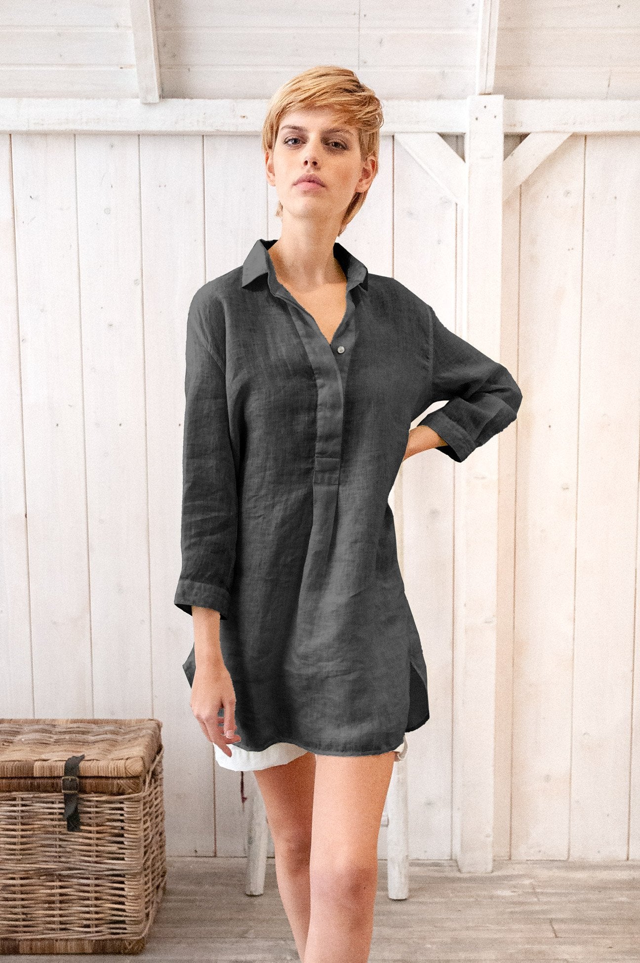 Linen Mini Shirtdress - Pietra - Shirts