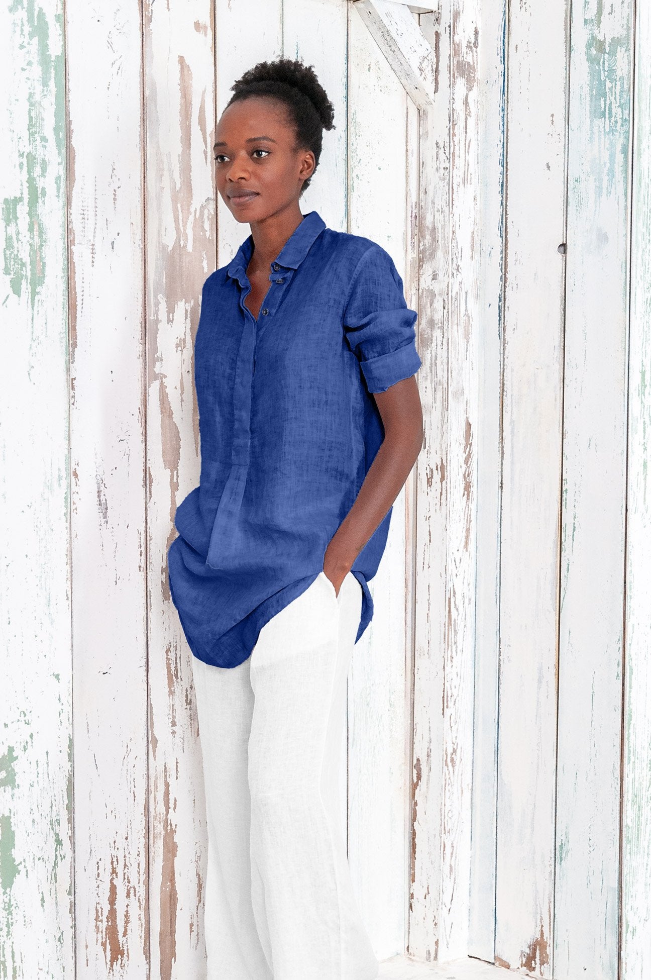Linen Mini Shirtdress - Royal - Shirts