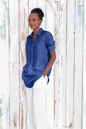 Linen Mini Shirtdress - Royal - Shirts