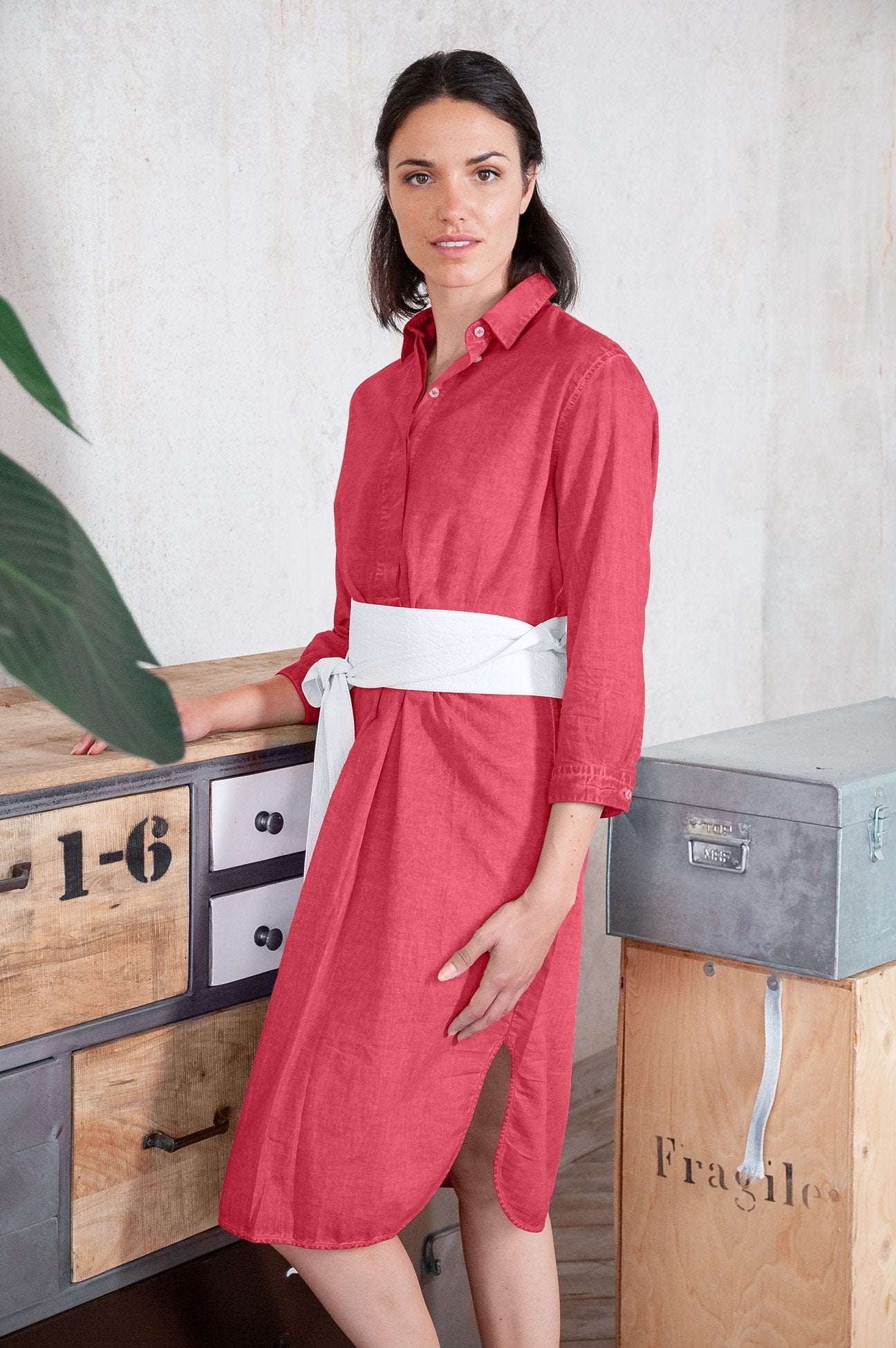 Long Cotton Voile Tunic - Geranio - Shirtdress