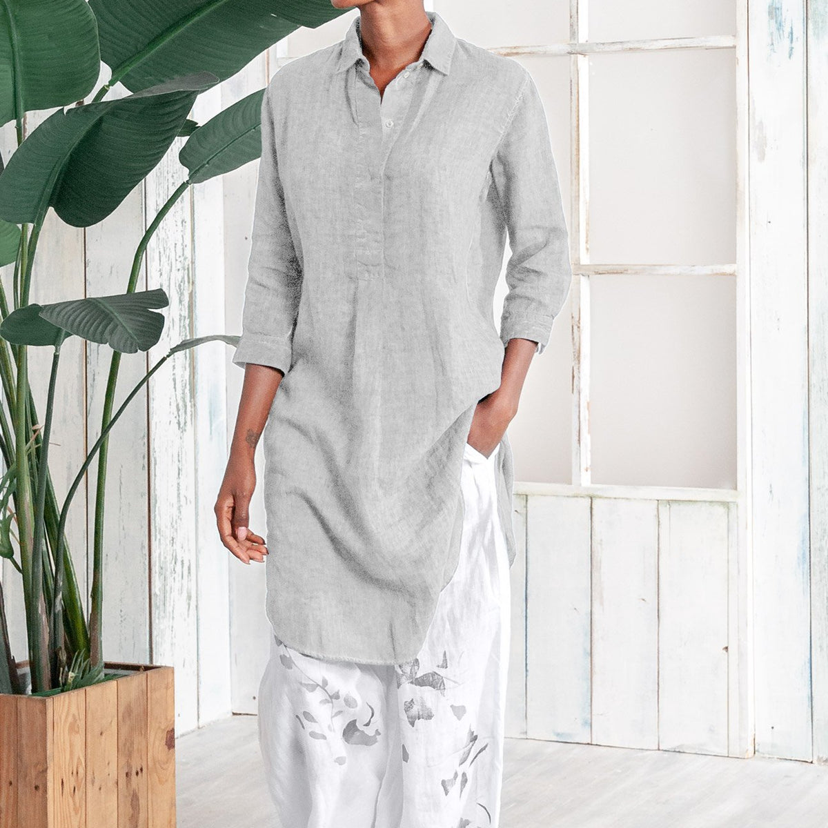long tunic shirt dress Women's Plus Size Linen Tunic Dress with Side Slit