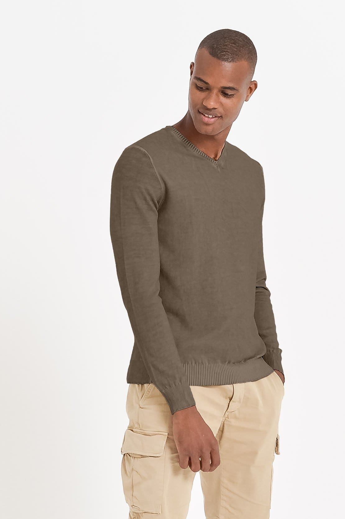 Micro Waffle V-Neck Sweater - Cocco - Sweaters