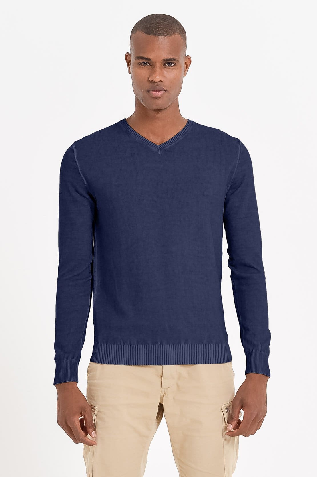 Micro Waffle V-Neck Sweater - Navy - Sweaters