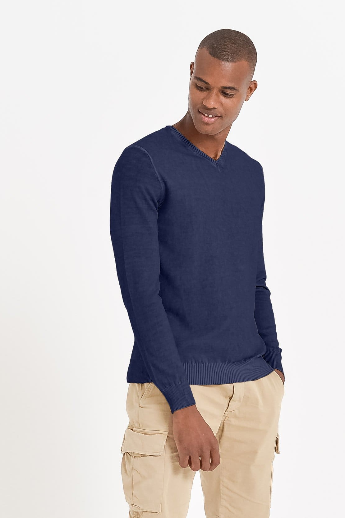 Micro Waffle V-Neck Sweater - Navy - Sweaters