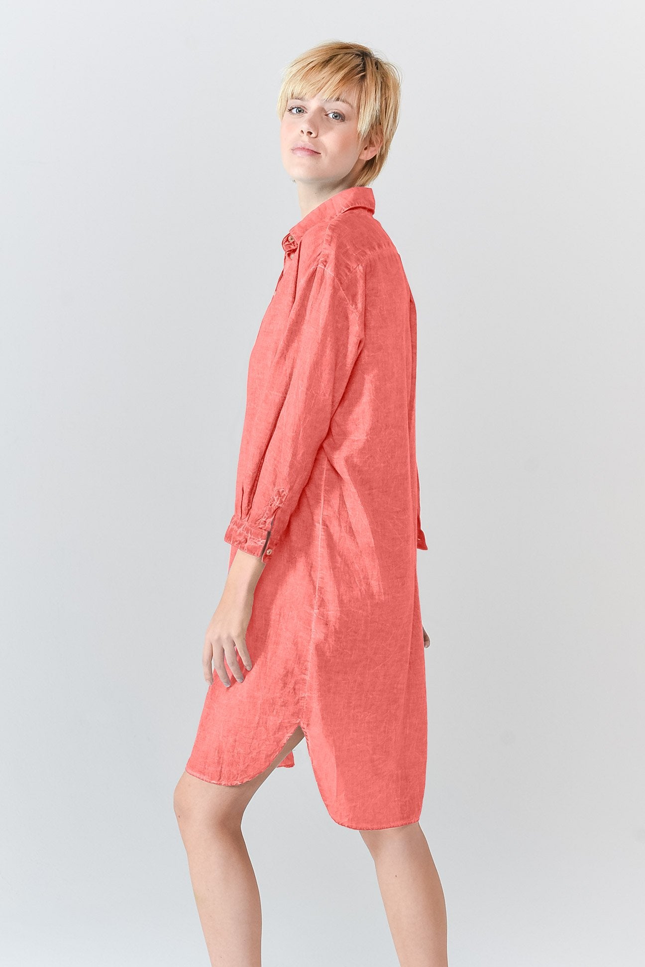 Midi Length Voile Tunic - Hibiscus - Shirtdress