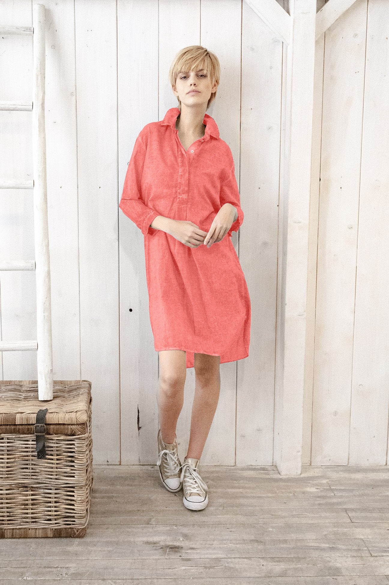 Midi Length Voile Tunic - Hibiscus - Shirtdress