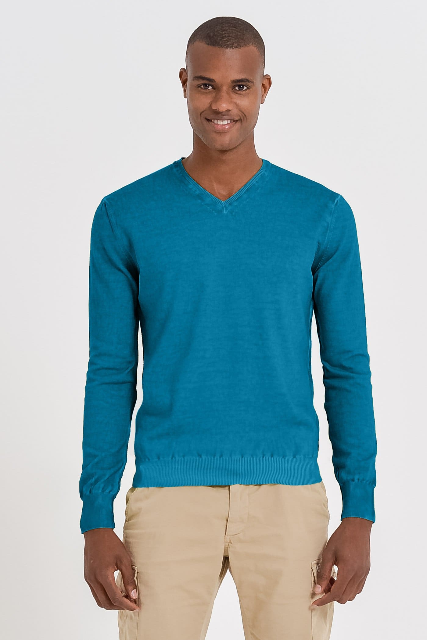 V-Neck Cotton Sweater - Libeccio - Sweaters