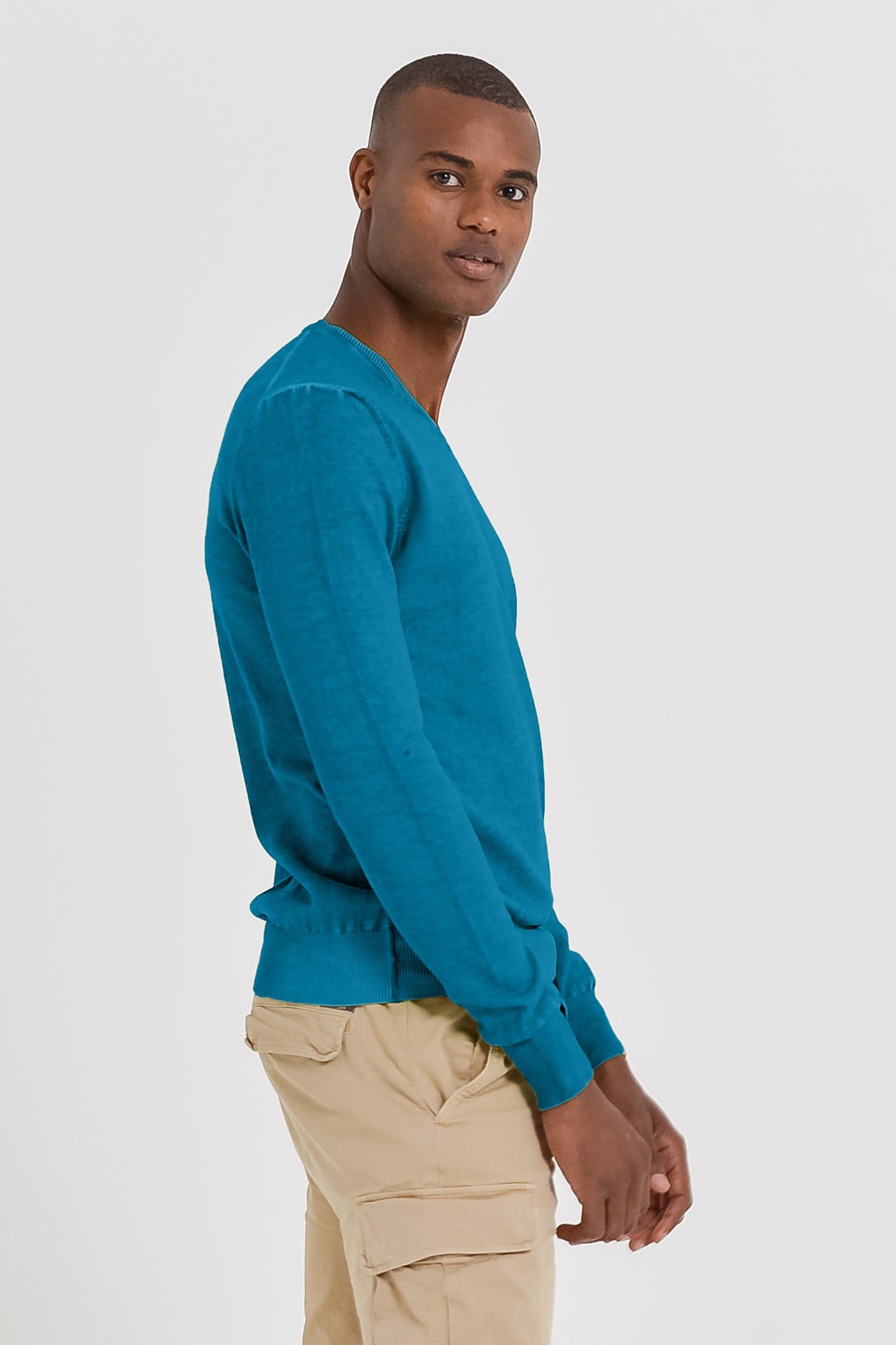 V-Neck Cotton Sweater - Libeccio - Sweaters