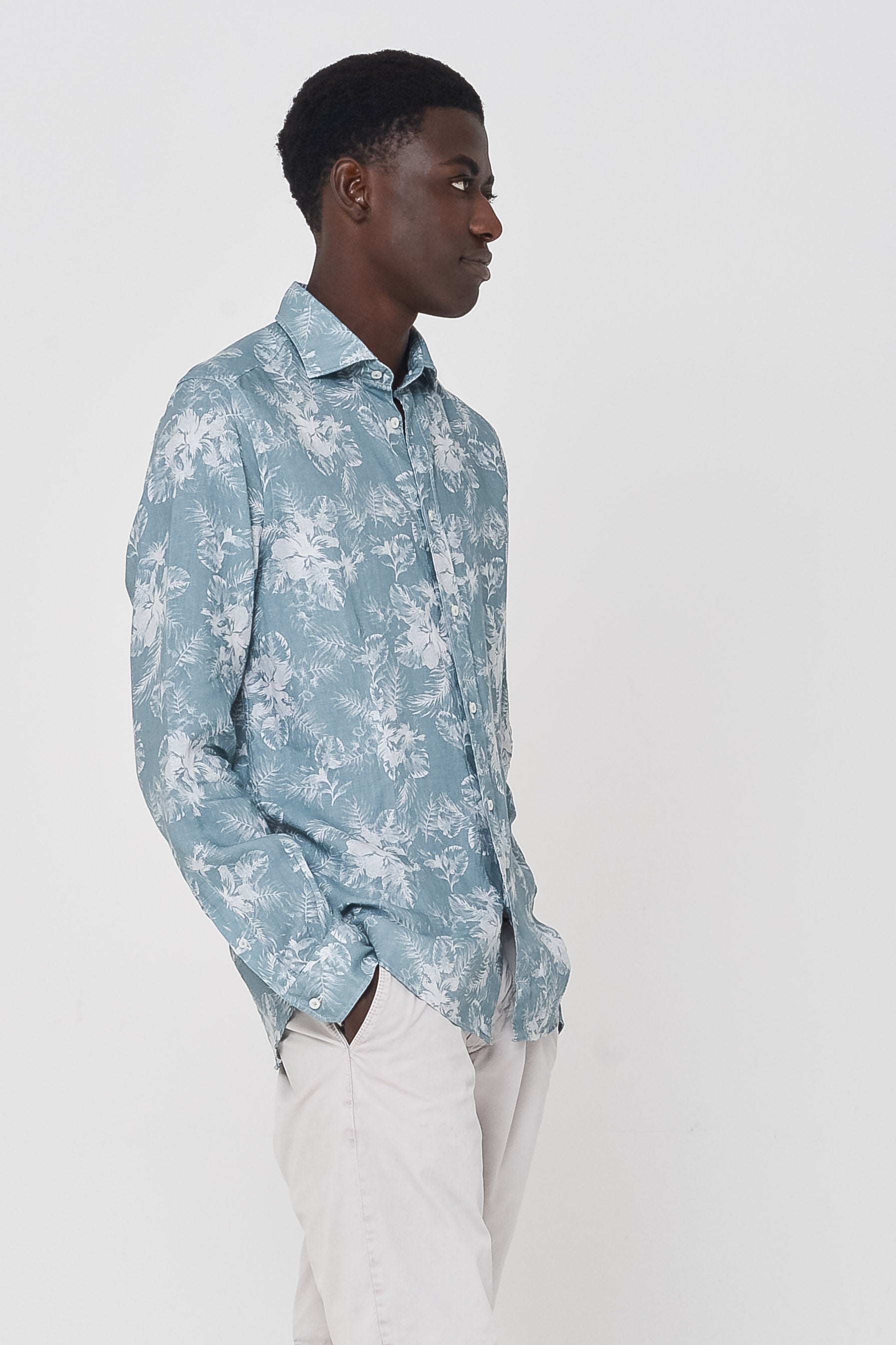 Slim Fit Linen Shirt in Hibiscus Pattern - Shirts
