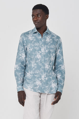 Slim Fit Linen Shirt in Hibiscus Pattern - Shirts