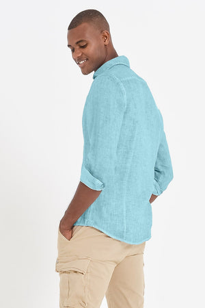 Slim Fit Spread Collar Linen Shirt - Acqua - Shirts