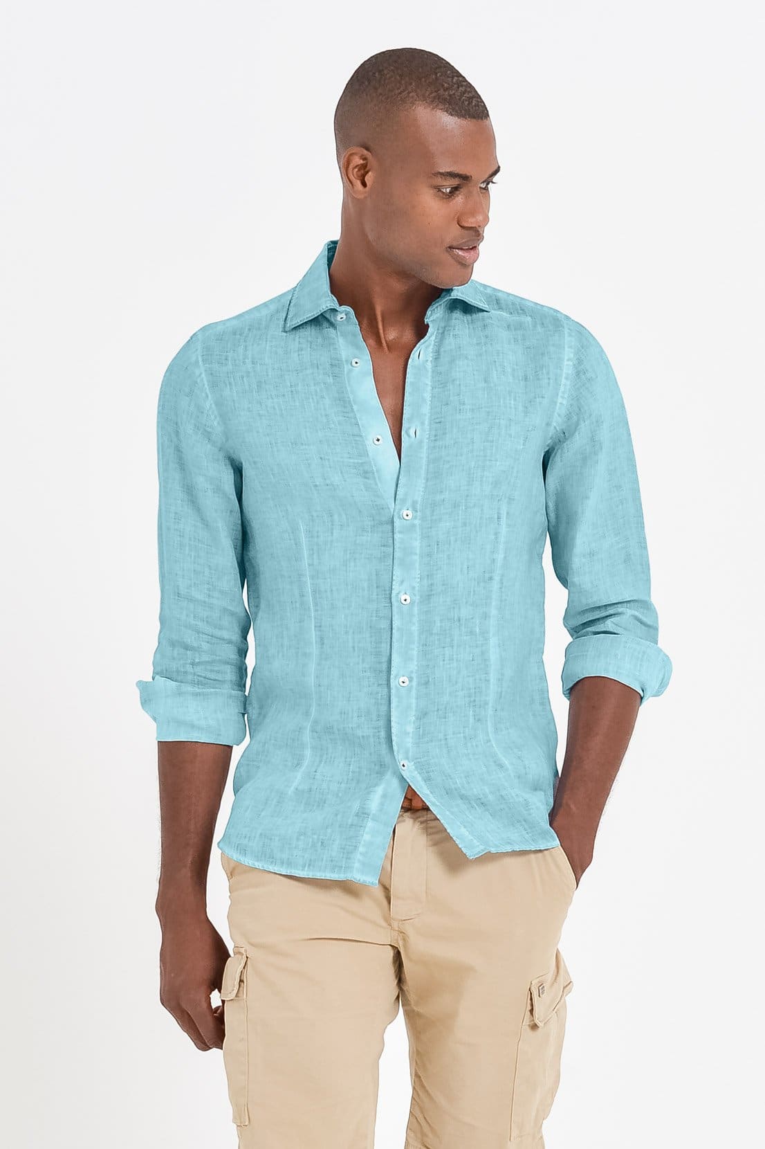 Slim Fit Spread Collar Linen Shirt - Acqua - Shirts