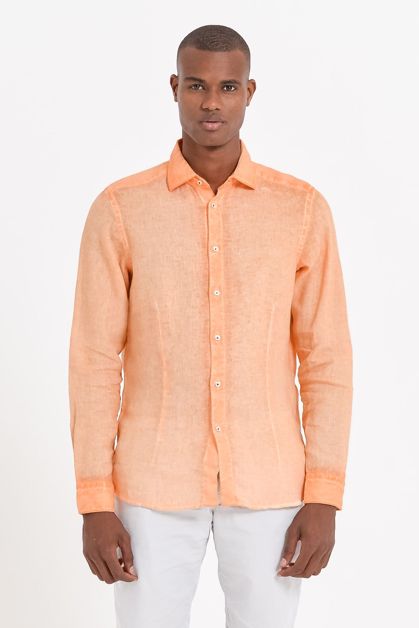 Slim Fit Spread Collar Linen Shirt - Albicocca - Shirts