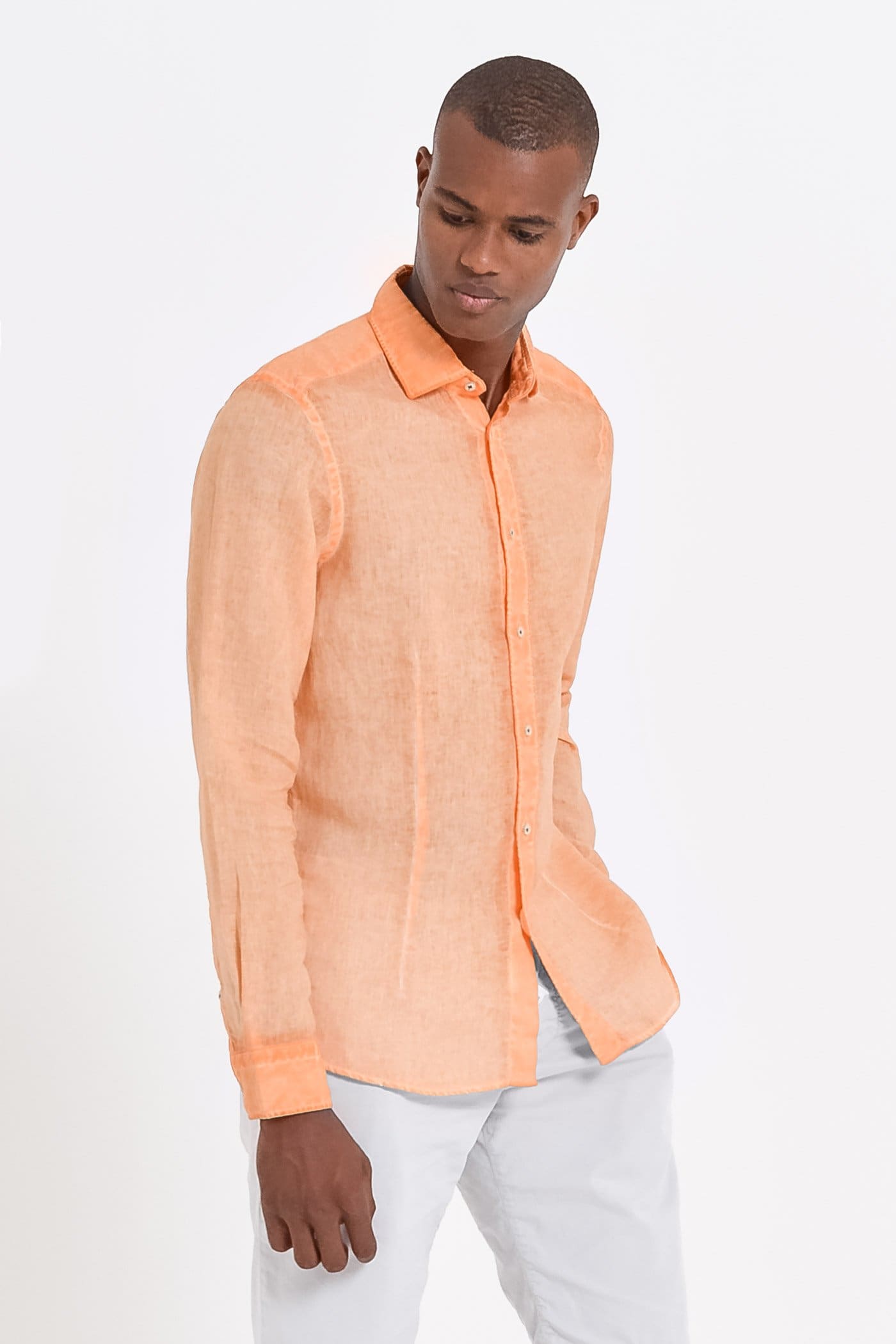 Slim Fit Spread Collar Linen Shirt - Albicocca - Shirts