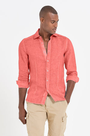 Slim Fit Spread Collar Linen Shirt - Hibiscus - Shirts