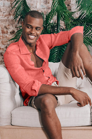Slim Fit Spread Collar Linen Shirt - Hibiscus - Shirts