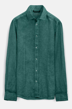 Slim Fit Spread Collar Linen Shirt - Lagoon - Shirts