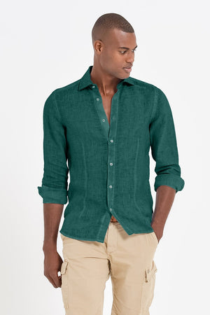 Slim Fit Spread Collar Linen Shirt - Lagoon - Shirts