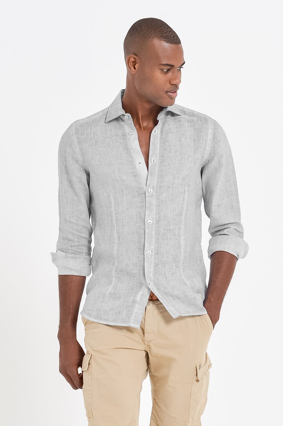 Slim Fit Spread Collar Linen Shirt - Marmo - Shirts