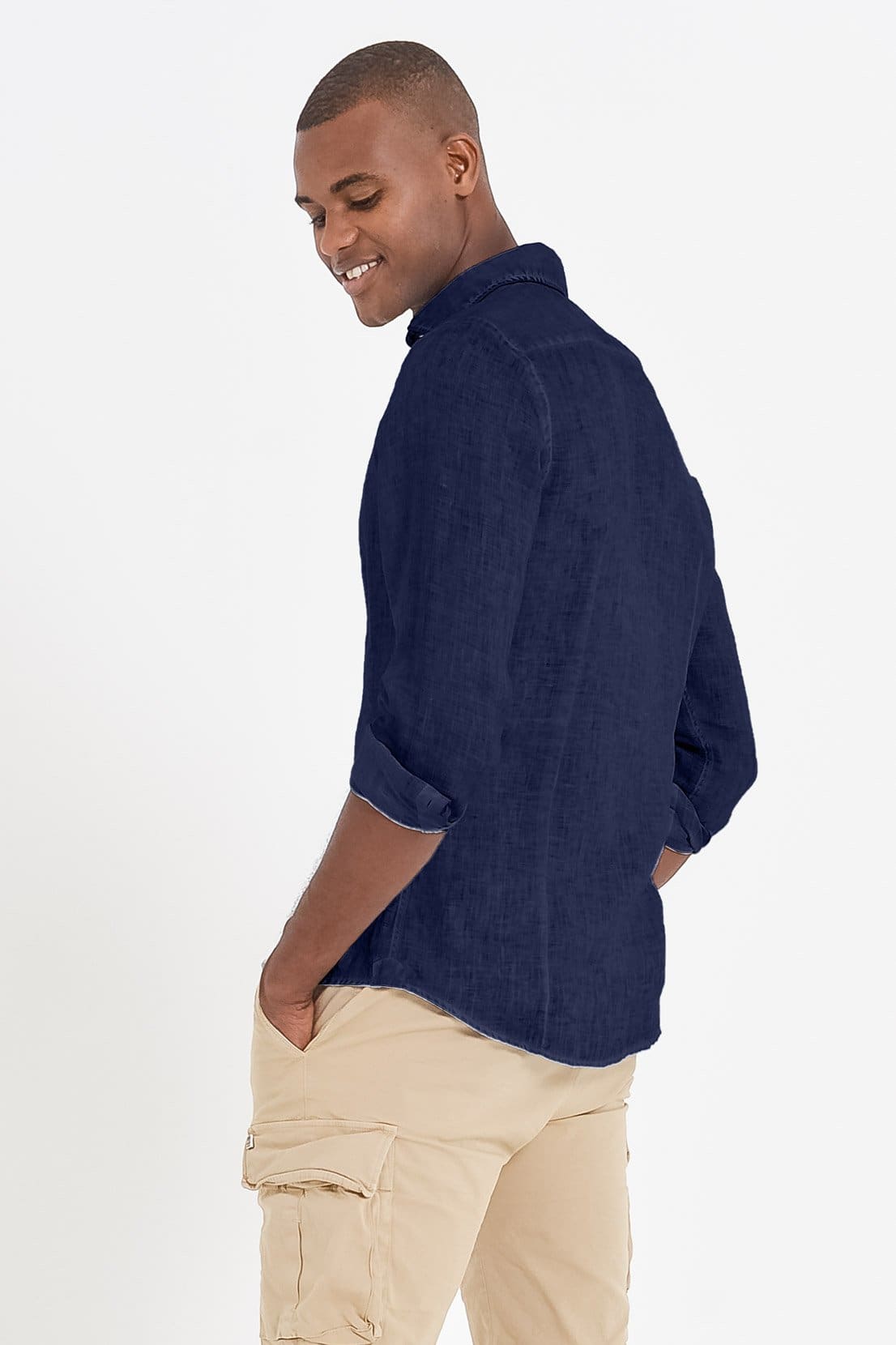 Slim Fit Spread Collar Linen Shirt - Navy - Shirts