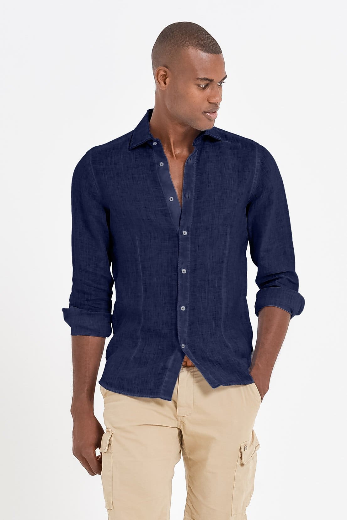 Slim Fit Spread Collar Linen Shirt - Navy - Shirts