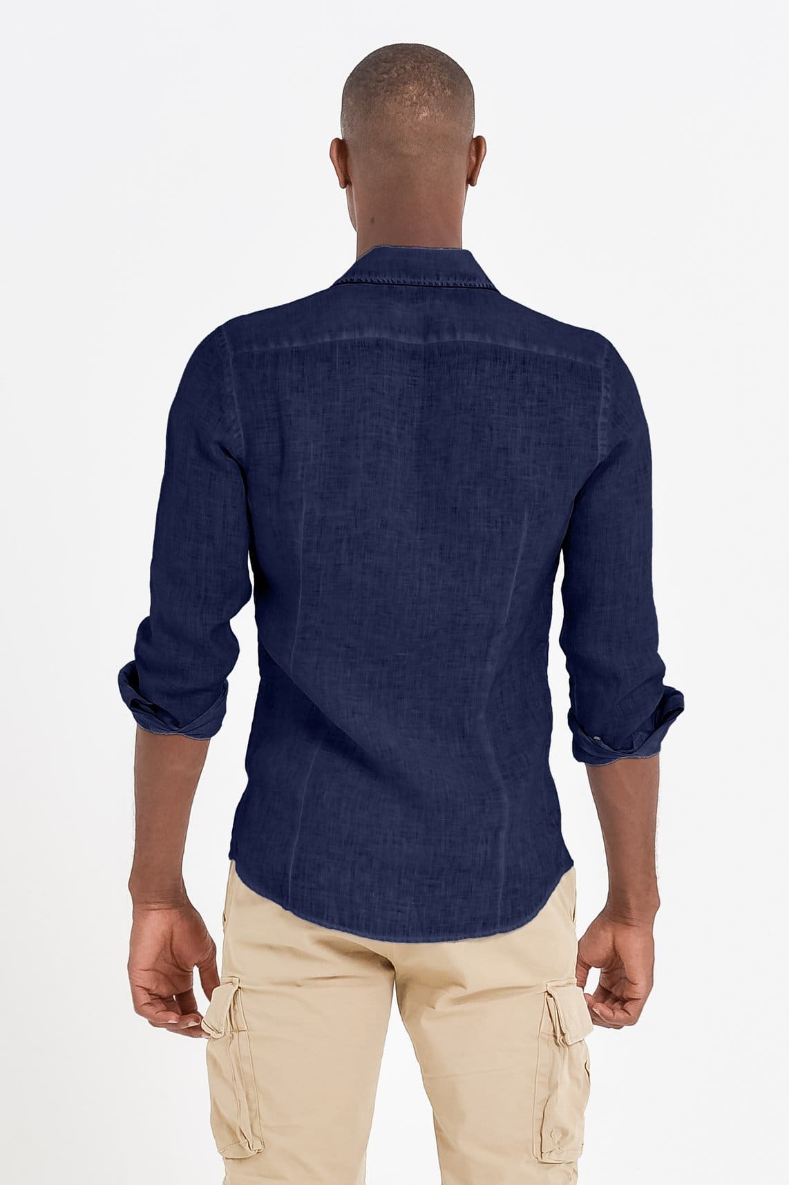 Slim Fit Spread Collar Linen Shirt - Navy - Shirts
