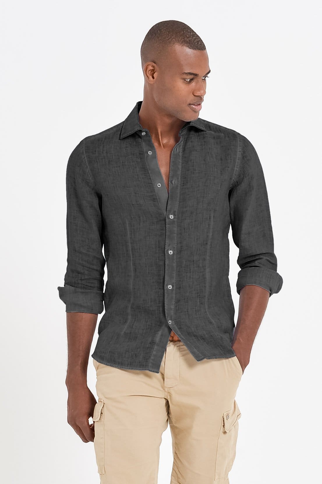 Slim Fit Spread Collar Linen Shirt - Pietra - Shirts