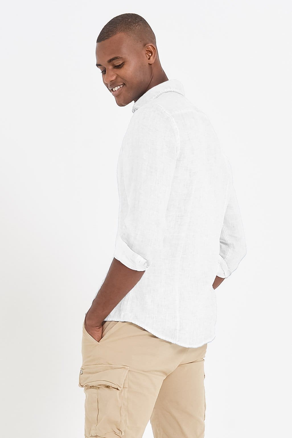 Slim Fit Spread Collar Linen Shirt - White - Shirts