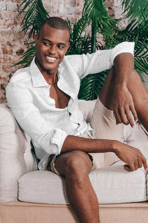 Slim Fit Spread Collar Linen Shirt - White - Shirts