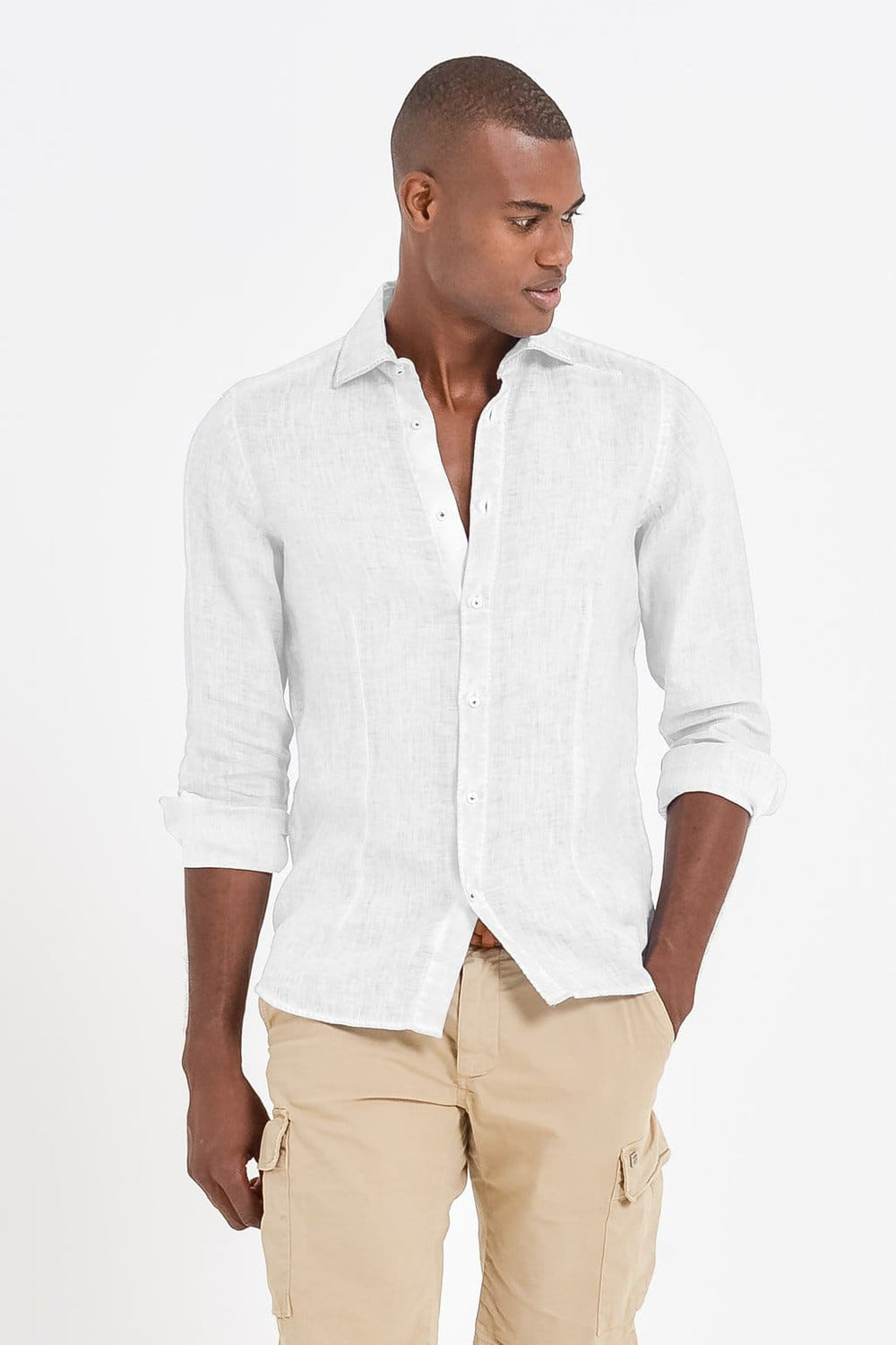 Slim Fit Spread Collar Linen Shirts - White
