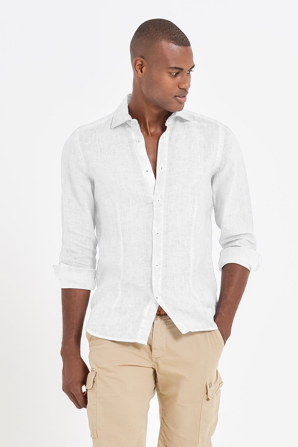 Slim Fit Spread Collar Linen Shirt - White