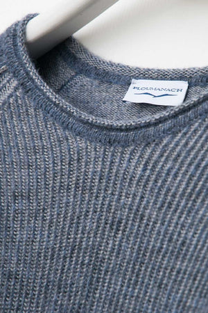 Soft Alpaca Merino Wool Crewneck Sweater in Denim Blue Ribs - Ploumanac'h