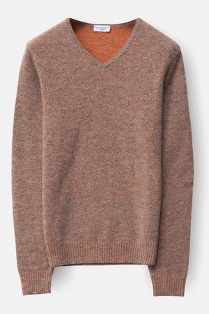 Soft Alpaca Merino Wool V-Neck Sweater in Orange Bird's Eye Stitch - Ploumanac'h